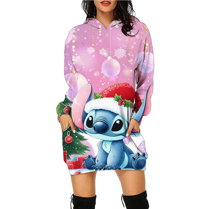 Christmas Disney Brand Stitch Cartoon Long Hoodie Autumn New Mini Sexy Long Sleeved Dress Korean Fashion Elegant Ladies Party