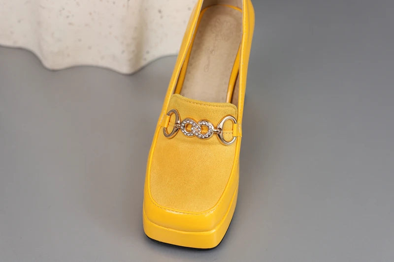 Extra Big Size 49 50 Bright Yellow Metal Crystal Chain Woman's Pumps Spring Fall Shoes Slip-on Loafers Platform Block High Heels
