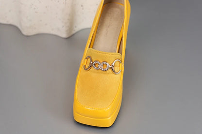 Extra Big Size 49 50 Bright Yellow Metal Crystal Chain Woman's Pumps Spring Fall Shoes Slip-on Loafers Platform Block High Heels