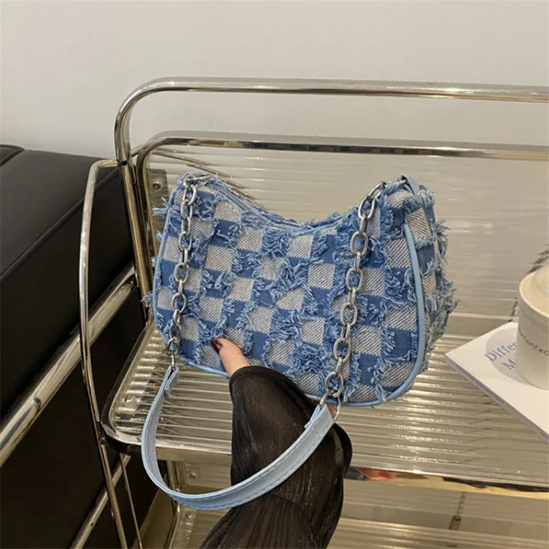 Women's Tote Bag with Star Pattern Blue Distressed Design, Golden-Tone Hardware, Stylish Handbag Shoulder Bag for Everyday Use