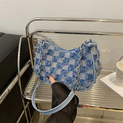 Women's Tote Bag with Star Pattern Blue Distressed Design, Golden-Tone Hardware, Stylish Handbag Shoulder Bag for Everyday Use