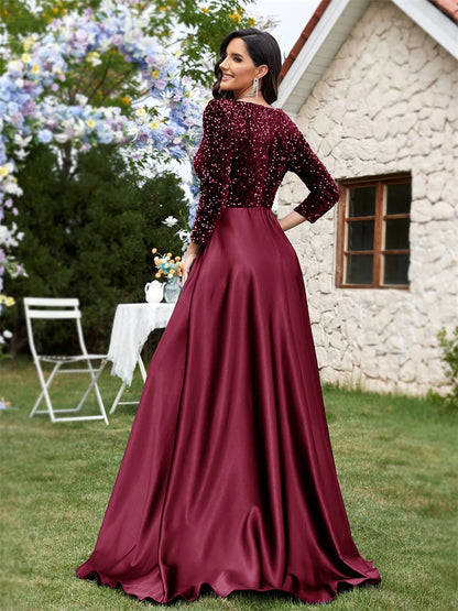 Lucyinlove Luxury Long Sleeve V-Neck Satin Formal Evening Dresses 2025 Elegant Wedding Party Sequins Women Prom Cocktail Gowns