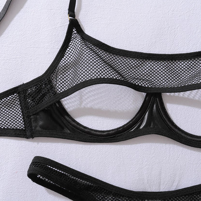 AVELINE Fashion Hollow Mesh Splicing PU Leather Gathering Sexy Strap Underwear Set
