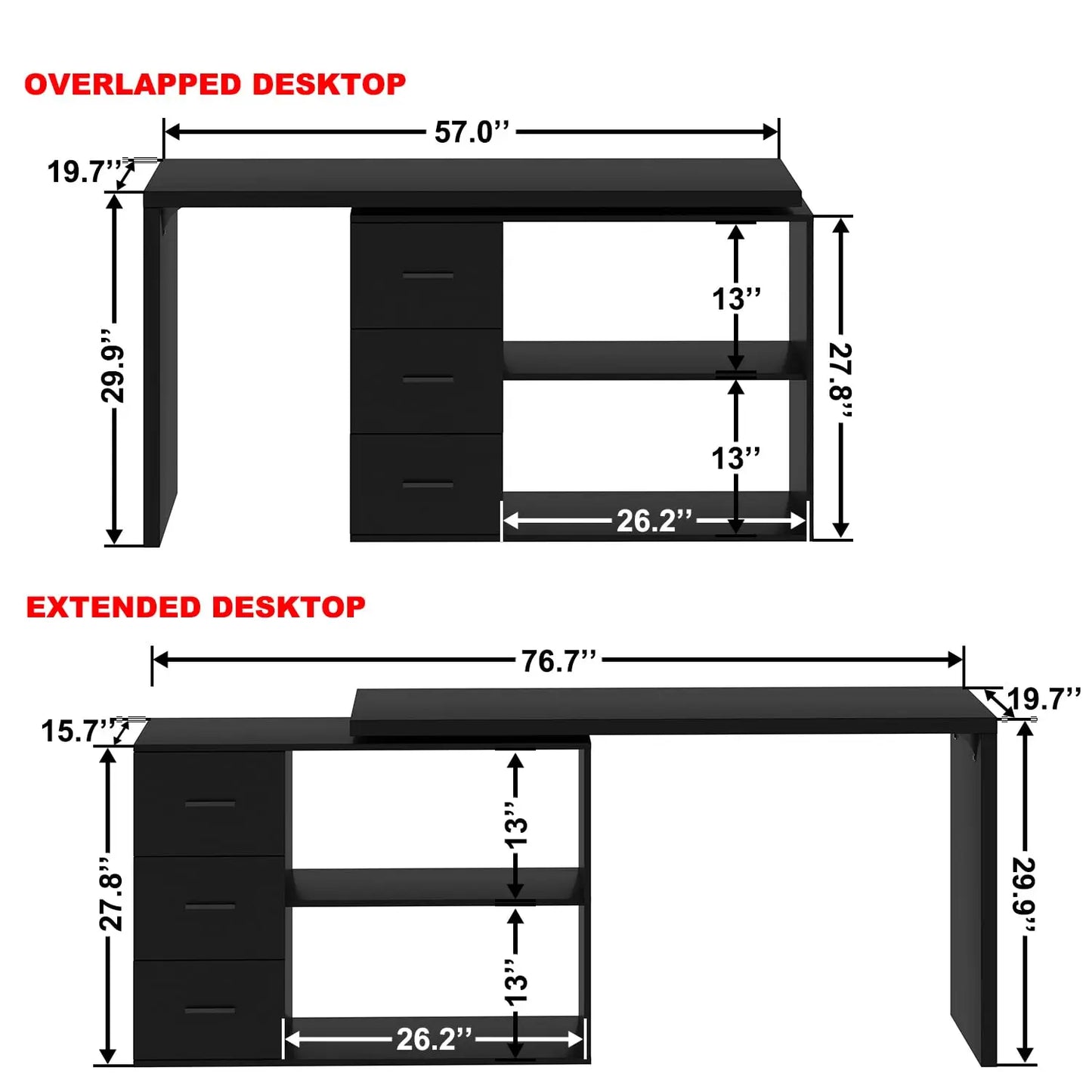 Black L Shaped Computer Desk with Drawers, L Shaped Home Office Desk with Storage Cabinet Shelves, Reversible, Customized
