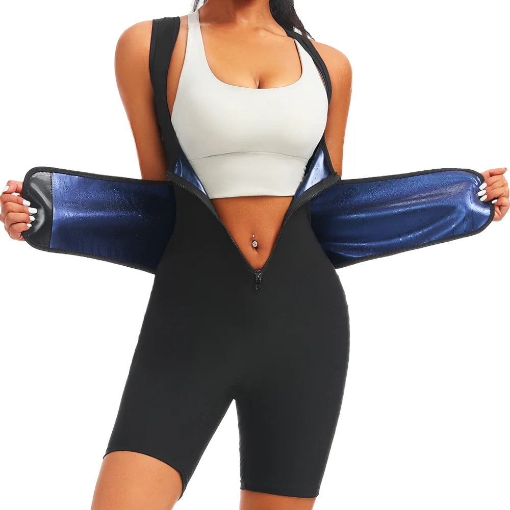 Women Hot Thermo Sweating Bodysuits Fat Burning One Piece Sauna Suits Weight Loss Jumpsuits Fitness Workout Thigh Trimmer Shorts