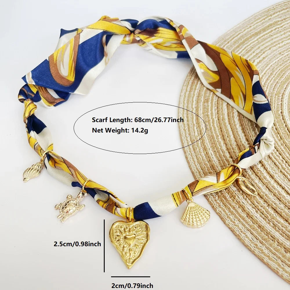 Women’s Fashion Scarf Necklace with Large Stainless Steel Heart Pendant Stackable Bandana Jewelry