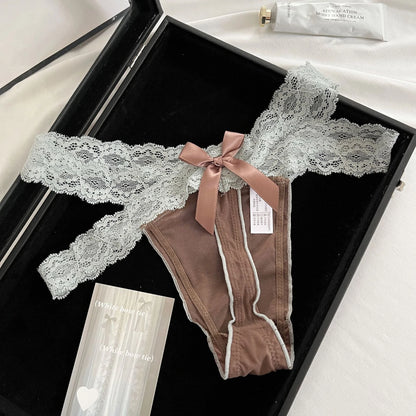 Women's thong  Lace Low Waist G-String Women Panties Mesh Bow Female Ladies Briefs Breathable Underwears Intimates Lace border o