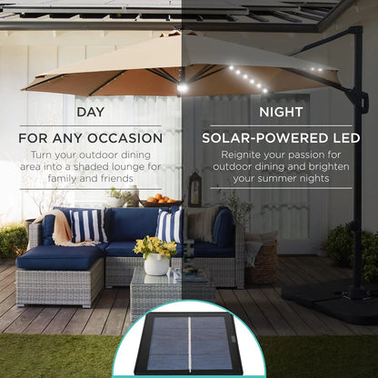 10ft Solar LED Cantilever Patio Umbrella, 360-Degree Rotation Hanging Offset Market Outdoor Sun Shade for Backyard,, Customized