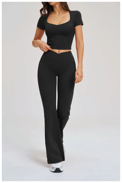 2PCS Women's Yoga Tracksuit midriff-baring short sleeve top high waist Bell-bottom Women Gym Running Training Workout Yoga Set