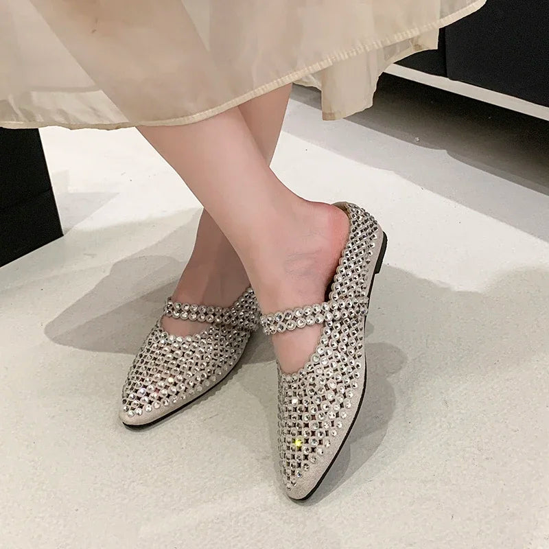 Crystal Women's Pointed Toe Slippers Luxury Flats Sandals Casual Mules Shoes Cozy New Trend Slides Fashion Dress Mujer Zapatos