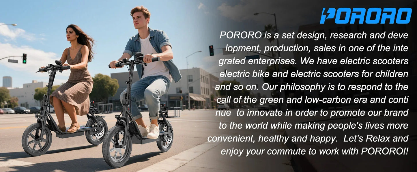 PORORO 14inch Electric Bicycle 10.5AH Battery 28Miles Max Range 22MPH Max Speed Shock Absorption Foldable E Scooter with Seat