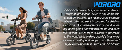 PORORO 14inch Electric Bicycle 10.5AH Battery 28Miles Max Range 22MPH Max Speed Shock Absorption Foldable E Scooter with Seat