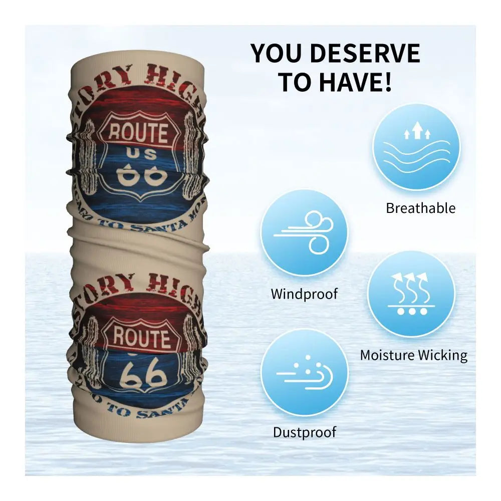Custom Travel Motorcycle Ride Route 66 Bandana Winter Neck Warmer Windproof Wrap Face Scarf for Hiking Highways Gaiter Headband