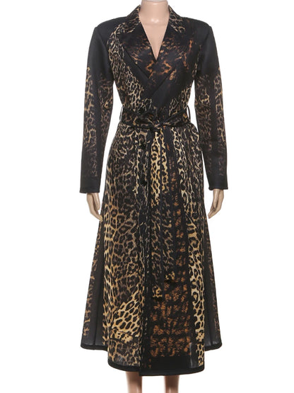 Kliou Leopard Print Trench Coat Woman Autumn Trend High Waist Bandage Cardigan Lapel Full Sleeve Street Fashion Style Clothing