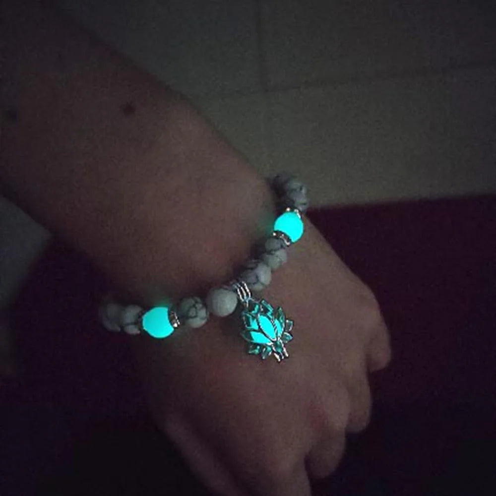 Natural Stone Bracelet Yoga Healing Luminous Glow In The Dark Bracelet Lotus Charm Beads Bracelet for Men Women Prayer Buddhism