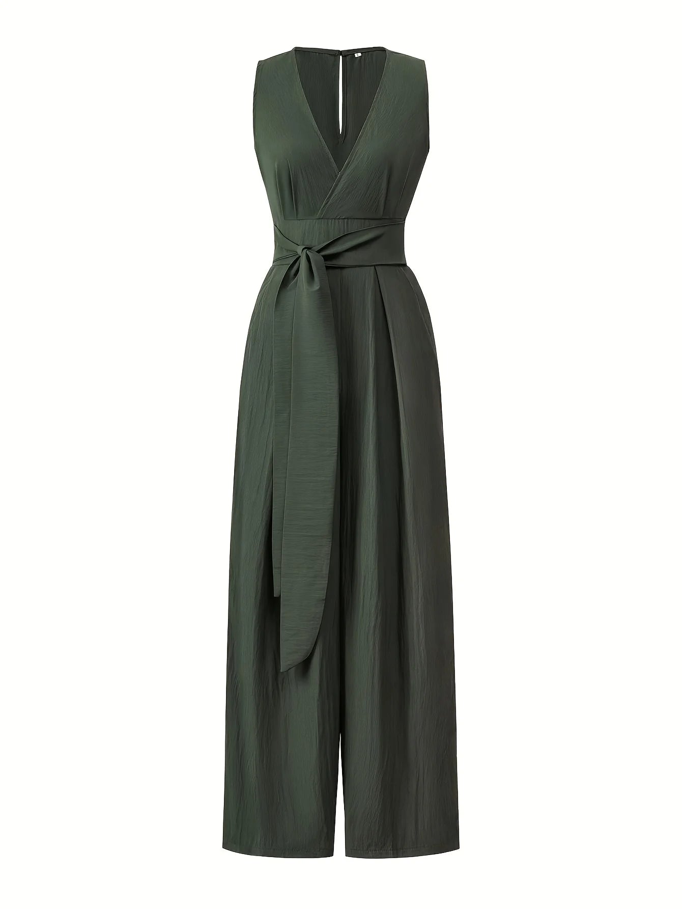 Wide-leg jumpsuit with V-neck, gathered back waist, tie-front, solid color women's pants