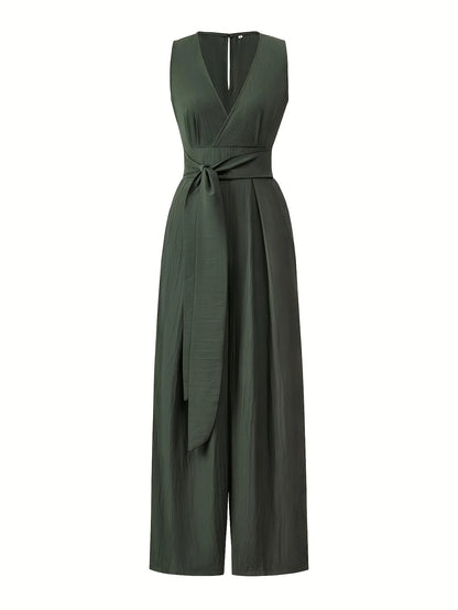 Wide-leg jumpsuit with V-neck, gathered back waist, tie-front, solid color women's pants