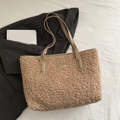 Soft Handbag Large Capacity Fall Winter Shoulder Bag Women Lamb Wool Tote Bag Zipper Closure Casual Shopping Traveling Tote