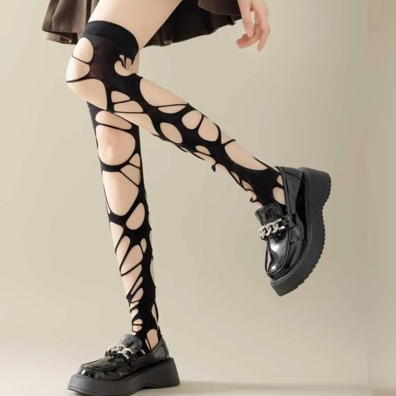 Long Tube Trend Irregular Goth Punk Le Meat Babes Subculture Black Ripped Stockings Leggings Mesh Socks