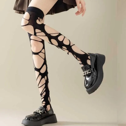 Long Tube Trend Irregular Goth Punk Le Meat Babes Subculture Black Ripped Stockings Leggings Mesh Socks