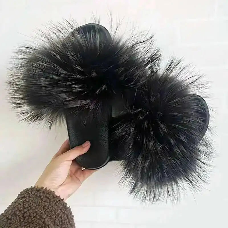 Fur Slippers Women Summer Fluffy Plush Casual Fluffy Flat Non-Slip Real Fox Fur Slides Outdoor Flat Ladies Sandals Flip Flops