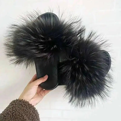 Fur Slippers Women Summer Fluffy Plush Casual Fluffy Flat Non-Slip Real Fox Fur Slides Outdoor Flat Ladies Sandals Flip Flops