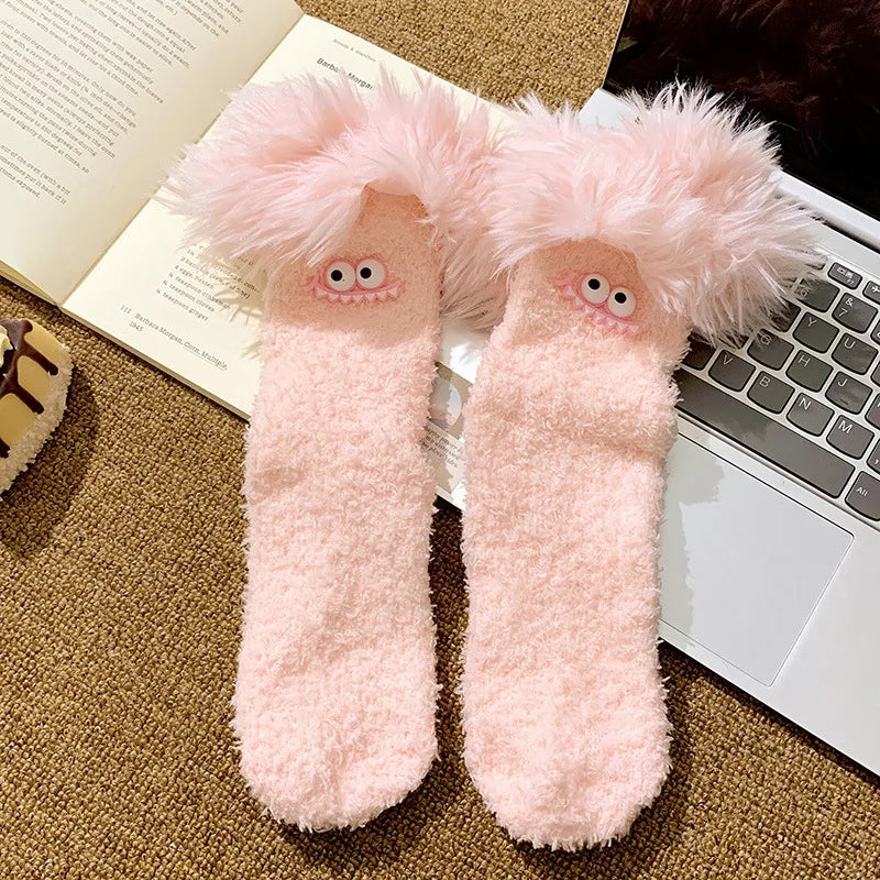 Funny Big Mouth Monster Plush Socks Cute And Fun Plush Socks Thick Coral Velvet Cartoon Sleeping Socks Winter Women Socks Gifts