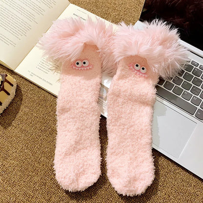 Funny Big Mouth Monster Plush Socks Cute And Fun Plush Socks Thick Coral Velvet Cartoon Sleeping Socks Winter Women Socks Gifts