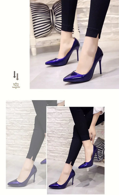 Nude Pumps for Women High Heel Shoes Female Fashion Patent Leather Sexy Pointed Toe Thin Heel Wedding Shoes Plus Size 34-44