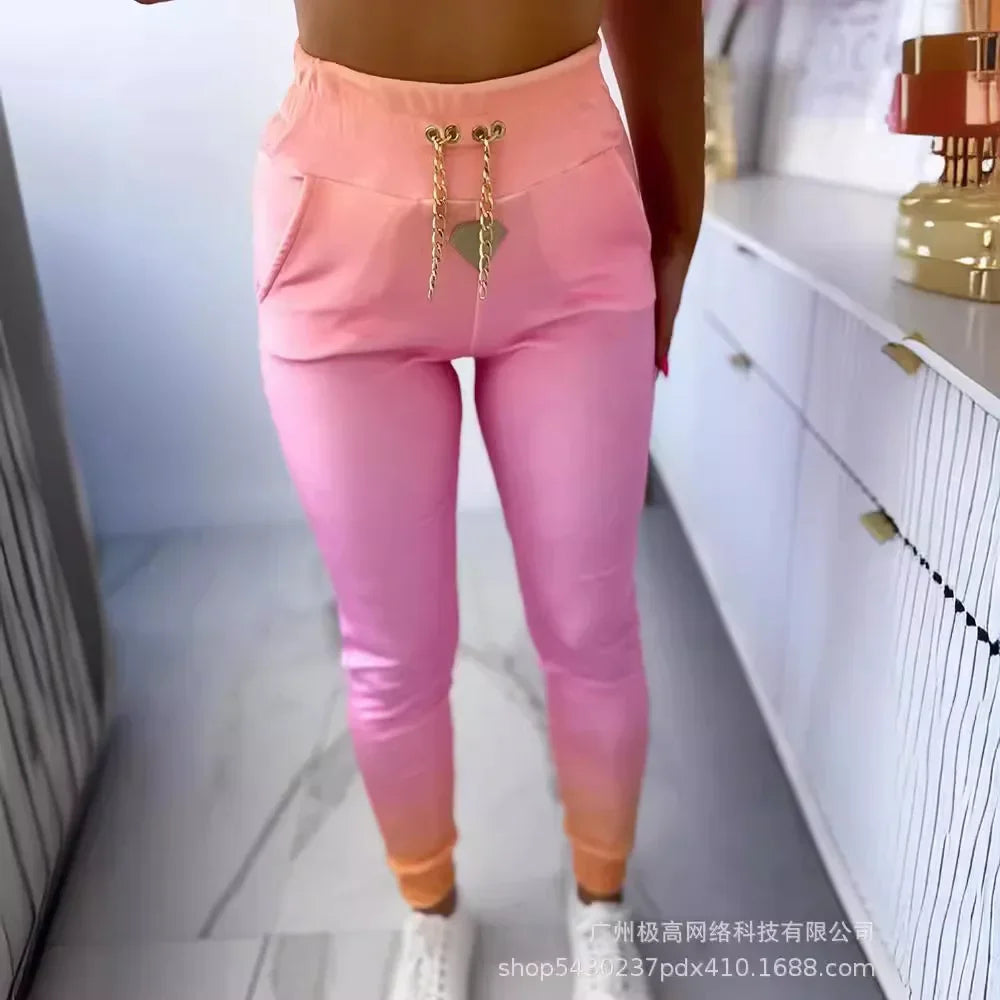 3pcs Women's Clothing Suit Gradient Color Chain Sleeveless Tank Top & Long Sleeve Jacket & Elastic Pants