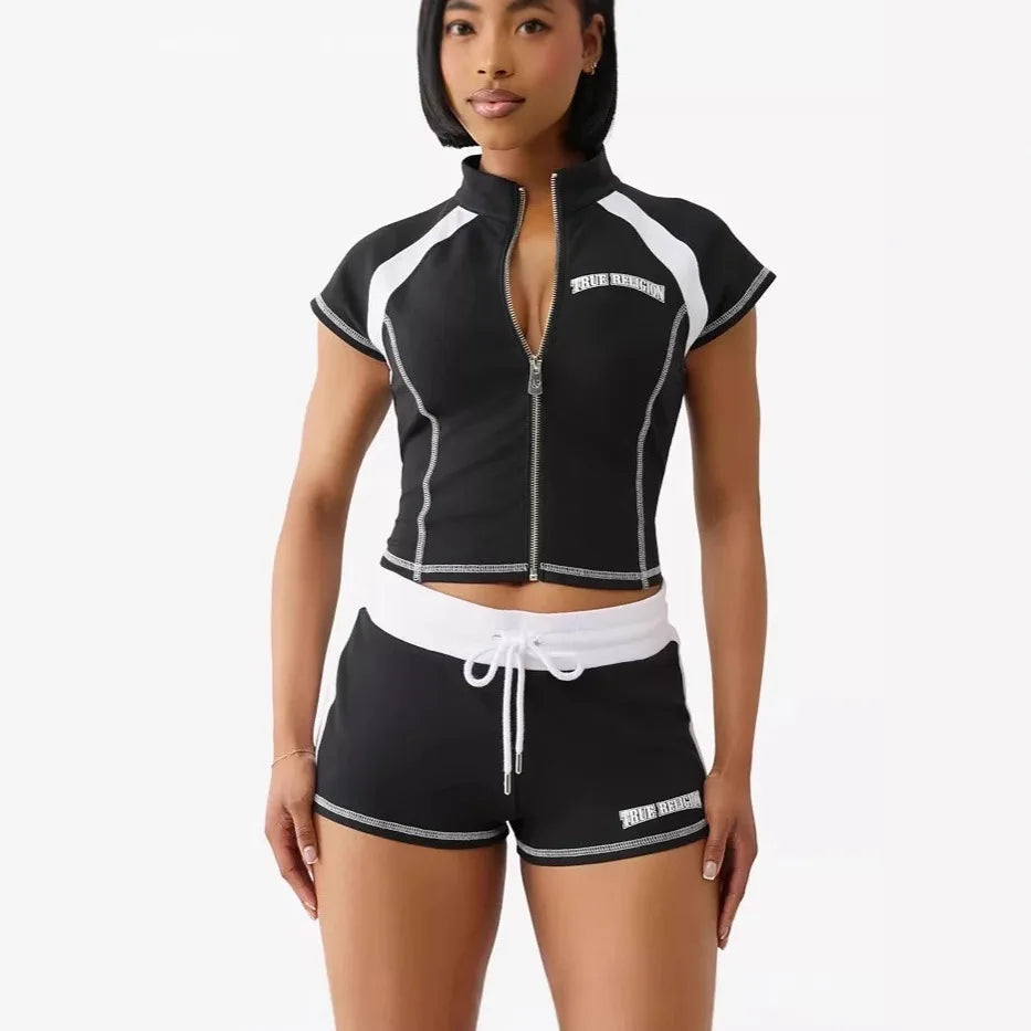 2025 Summer European and American Street Spice Girl Style Zipper Cardigan Slim Casual Sports Short-sleeved T-shirt Top Set