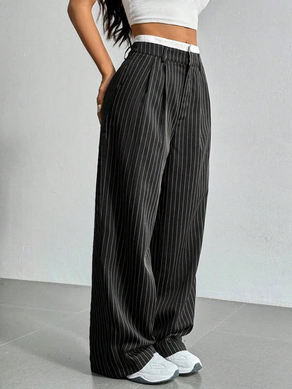 Fashion Pants Women's Stripe Straight Pants 2024 Autumn Winter High Waisted Casual Suit Pants Office Lady Women Trousers Bottoms