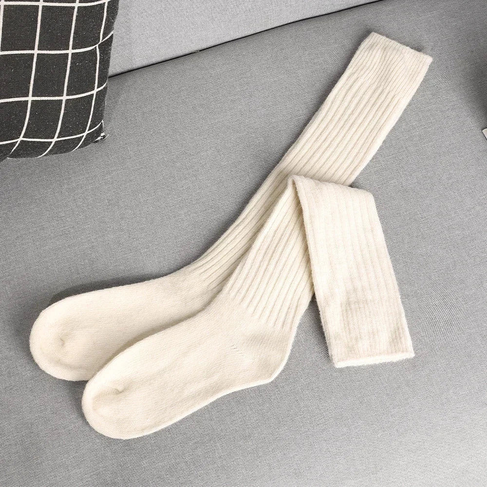 Soft Wool Long Socks Women Autumn Winter Cashmere Solid Knitted Stocking Skinny Casual Knee High Fluffy Warm Thicken Girls Socks