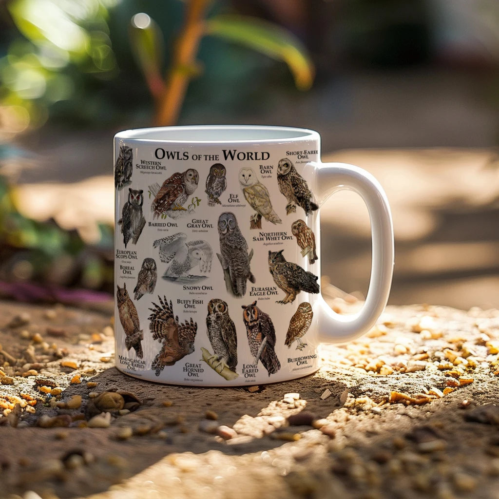 World Owl Illustrated Images coffee mug 11oz ceramic office tea cup Bird Lovers Gift Cup