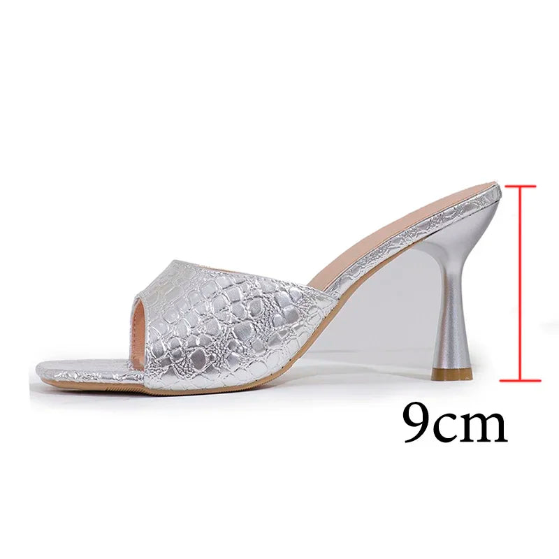 Luxury Gold Silver High Heels Sandals Women 2025 Slip On Square Toe Summer Slippers Woman Plus Size 43 Thin Heeled Party Shoes