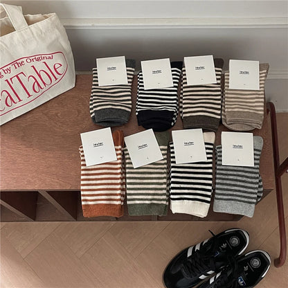 Korean Simple Colored Striped Cotton Socks Women’s Autumn Winter Breathable Middle Tube Socks College Style Trendy Casual Socks