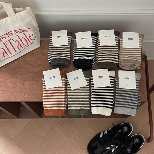 Korean Simple Colored Striped Cotton Socks Women’s Autumn Winter Breathable Middle Tube Socks College Style Trendy Casual Socks