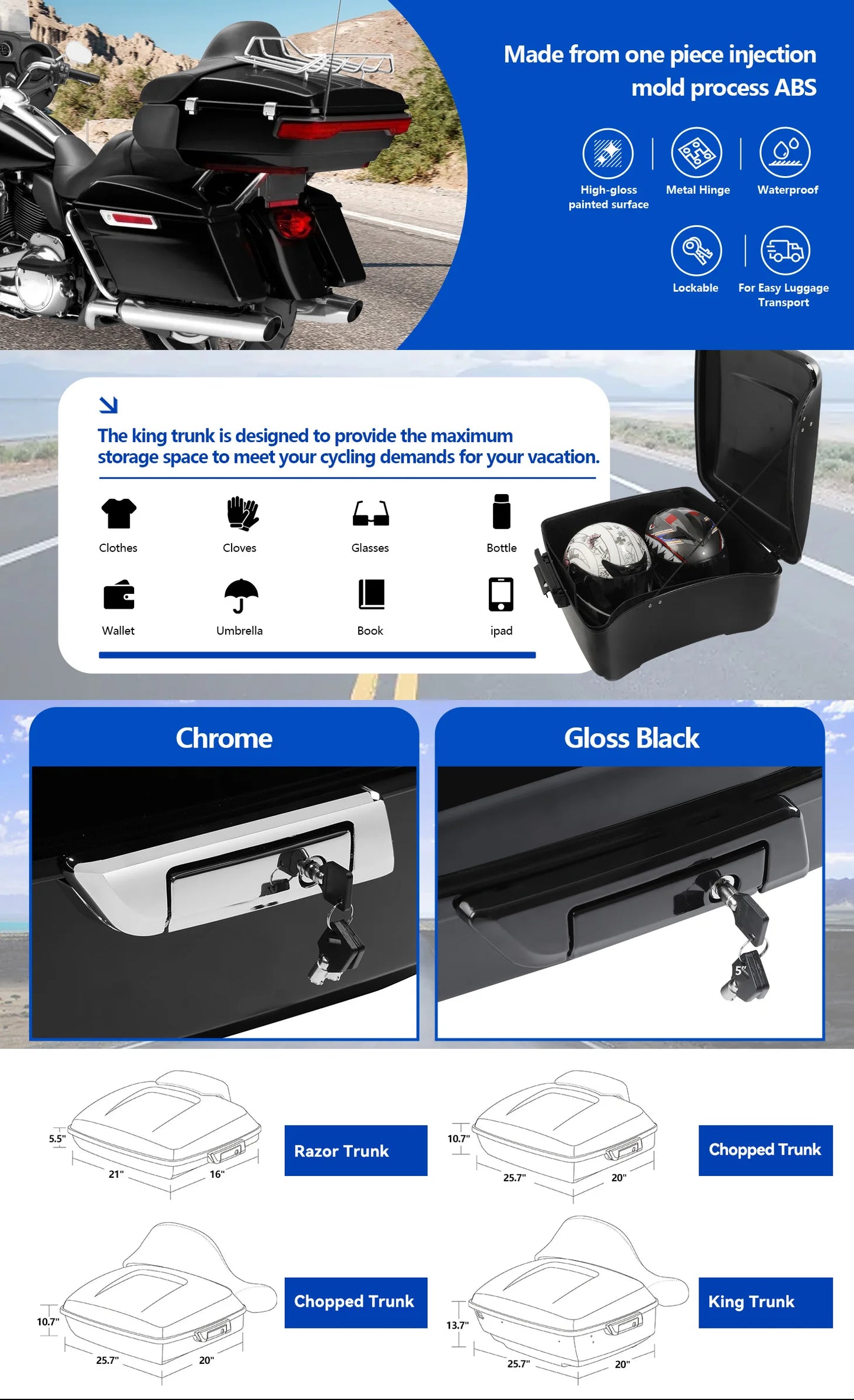 For Kawasaki Vulcan 1700 Vaquero Vn1700 2010-2025 Waterproof ABS King Tour Pak Pack Top Box Case With Luggage Rack