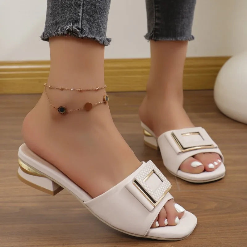Fashion Women High Heel Slippers Summer Slip on Elegant Low Heel Shoes for Wedding Party Comfortable Non-slip Women's Slippers