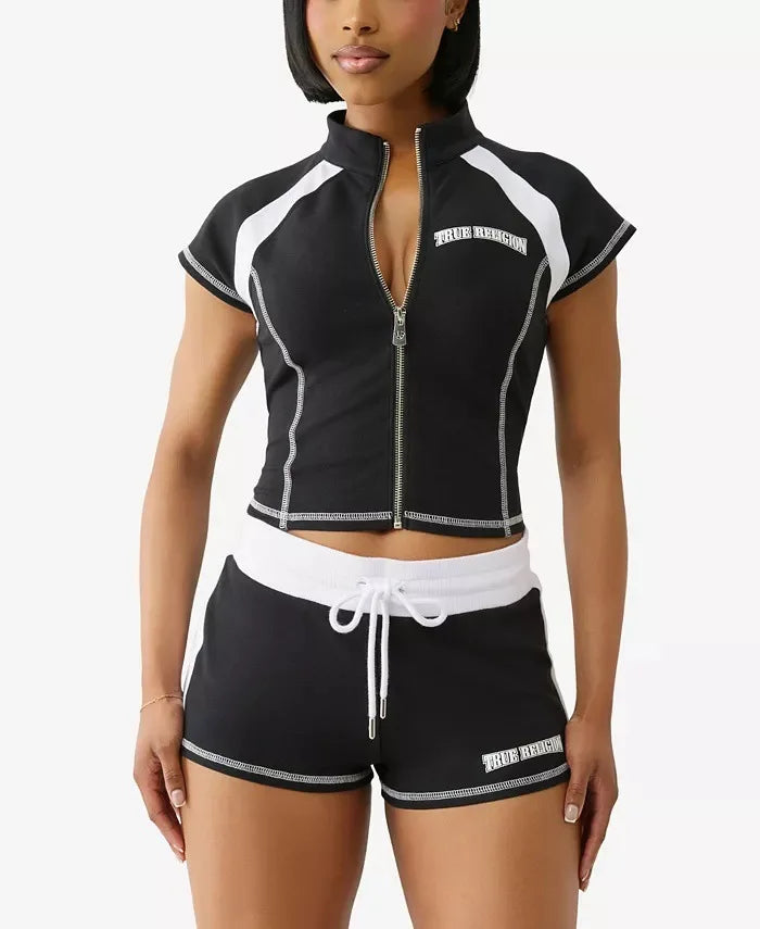 2025 Summer European and American Street Spice Girl Style Zipper Cardigan Slim Casual Sports Short-sleeved T-shirt Top Set
