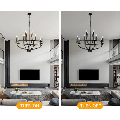 12-Light Black Chandelier Diam 33.46 inch, Farmhouse Industrial Country Style Large Round Pendant Light Fixture for Dining Room