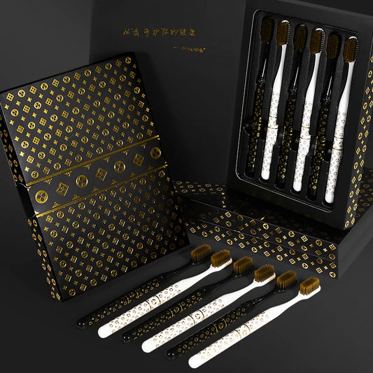 [6-Pcs Gift Boxes] New high-looking black gold printed small head household couple travel soft-bristle toothbrush