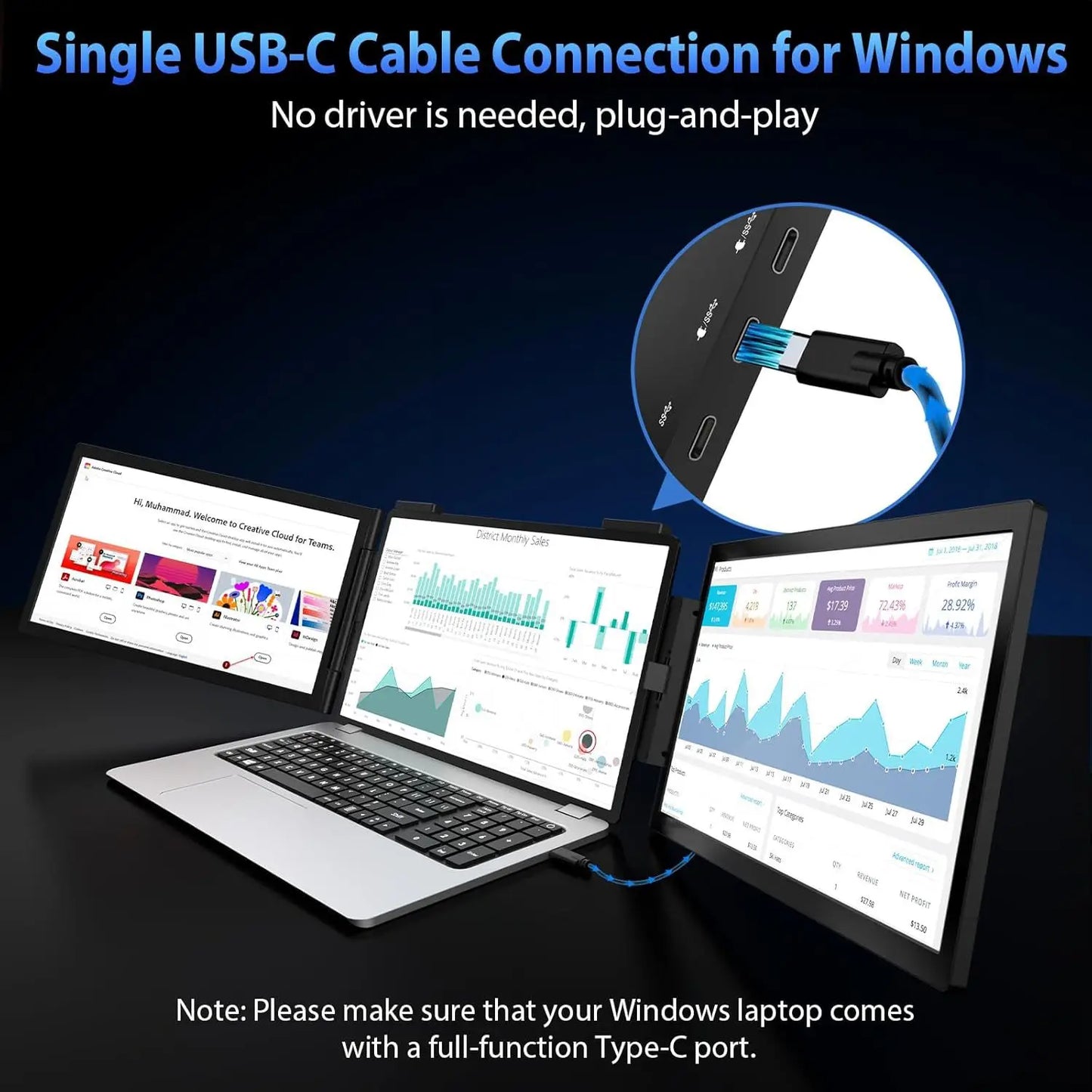 Laptop Screen Extender 14" 1080P Portable Triple Monitor with 270° Automatic Rotation for Wins Mac Dex XBOX Switch Steam Decks