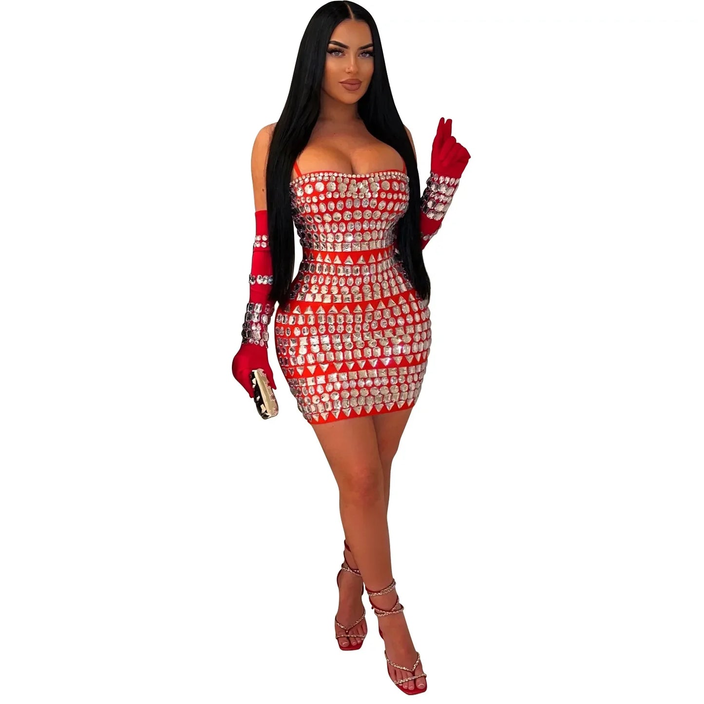 GLCMYAYA Women Diamonds Hot Rhinestones Crystal Spaghetti Strap Birthday Bodycon Midi Dress Sexy Party Even Dresses Vestidos
