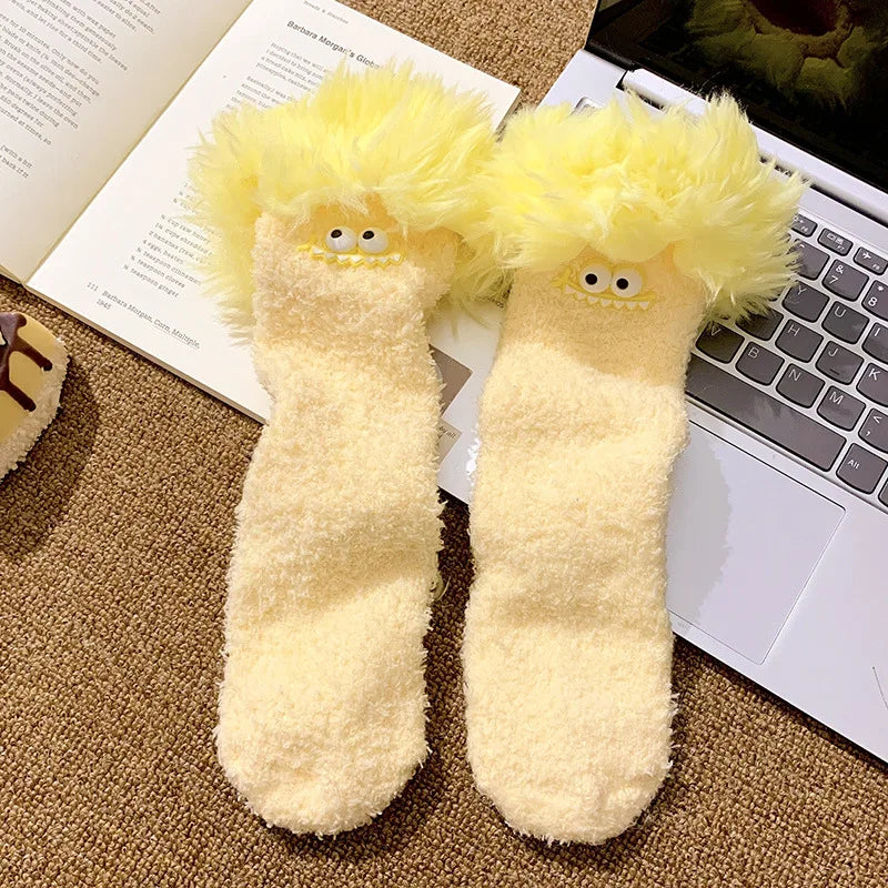 Funny Big Mouth Monster Plush Socks Cute And Fun Plush Socks Thick Coral Velvet Cartoon Sleeping Socks Winter Women Socks Gifts
