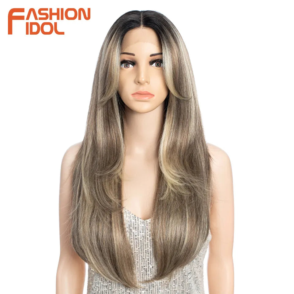 FASHION IDOL 26 Inch Long Straight Lace Front Wig With Bangs Synthetic Hair Ombre Black Blonde Highlight Cosplay Wigs For Women