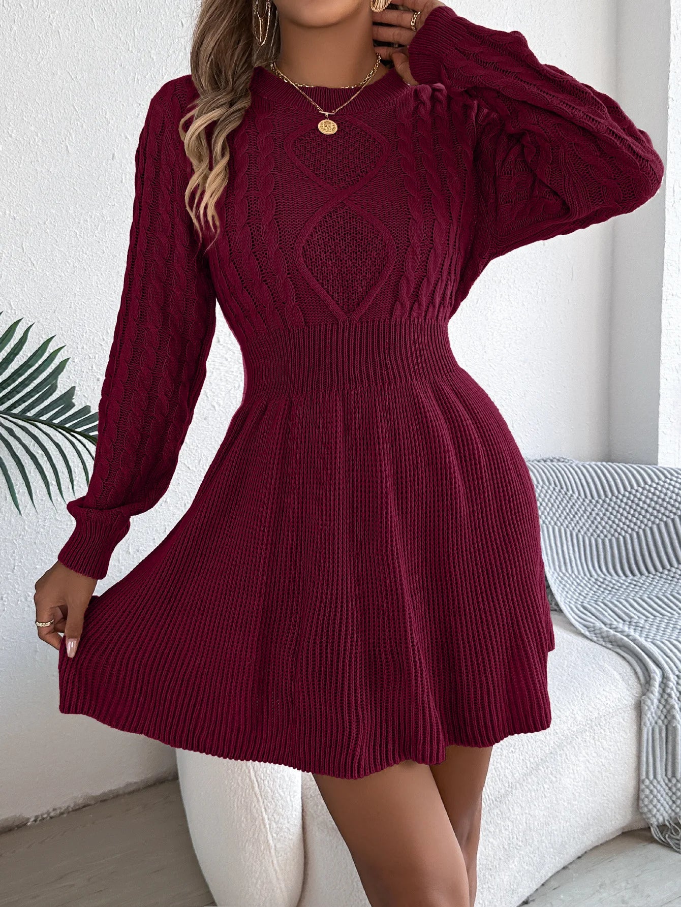 Autumn And Winter 2025 Europe And America Solid Color Fried Dough Twists Waist Lantern Long Sleeve Wool Dress A-line Dress Dress