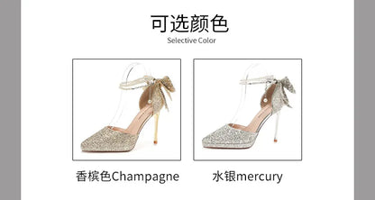 Shiny Glitter Bow Pearl Chain High Heels Wedding Banquet Dress Wedding Shoes Women's Shoes