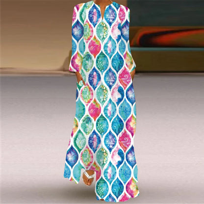 2024 European and American Cross border Women's New Dress V-neck Long sleeved Sexy Printed Large Pocket Foreign Trade Dress