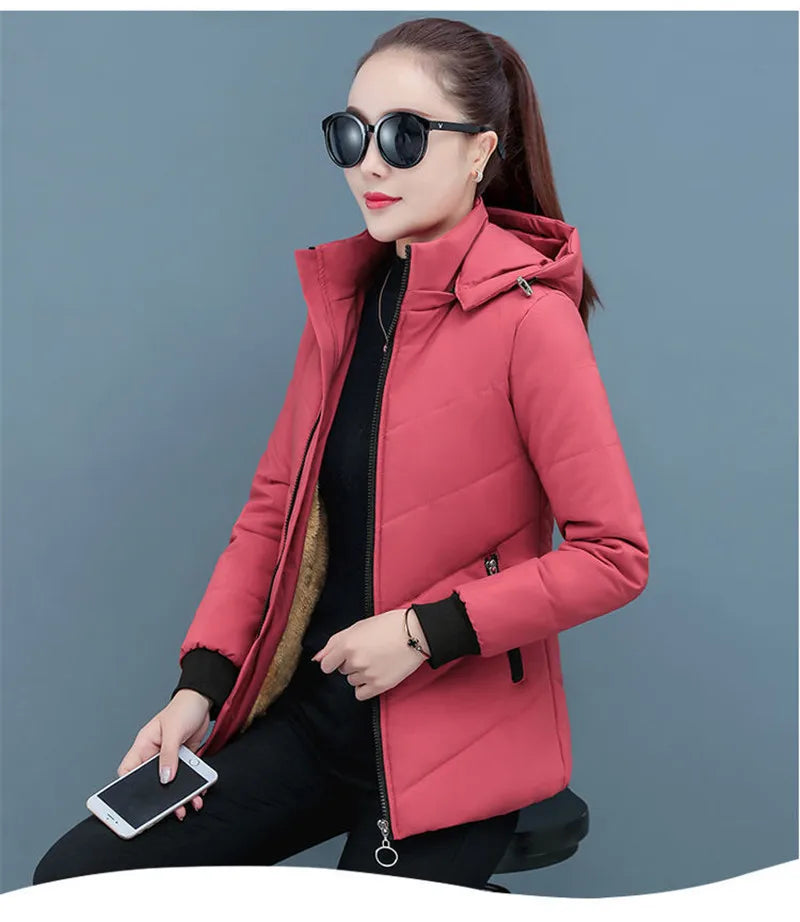 2025 New Women Add Velvet Cotton Jacket Female Winter Fleece Warm Hood Fashion Coat Ladies Down Padded Jackets M- 5XL Coat